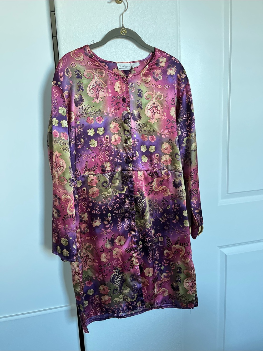Silky Floral Button-Front Robe in Pink, Purple, and Green Long Sleeve Cape Top
